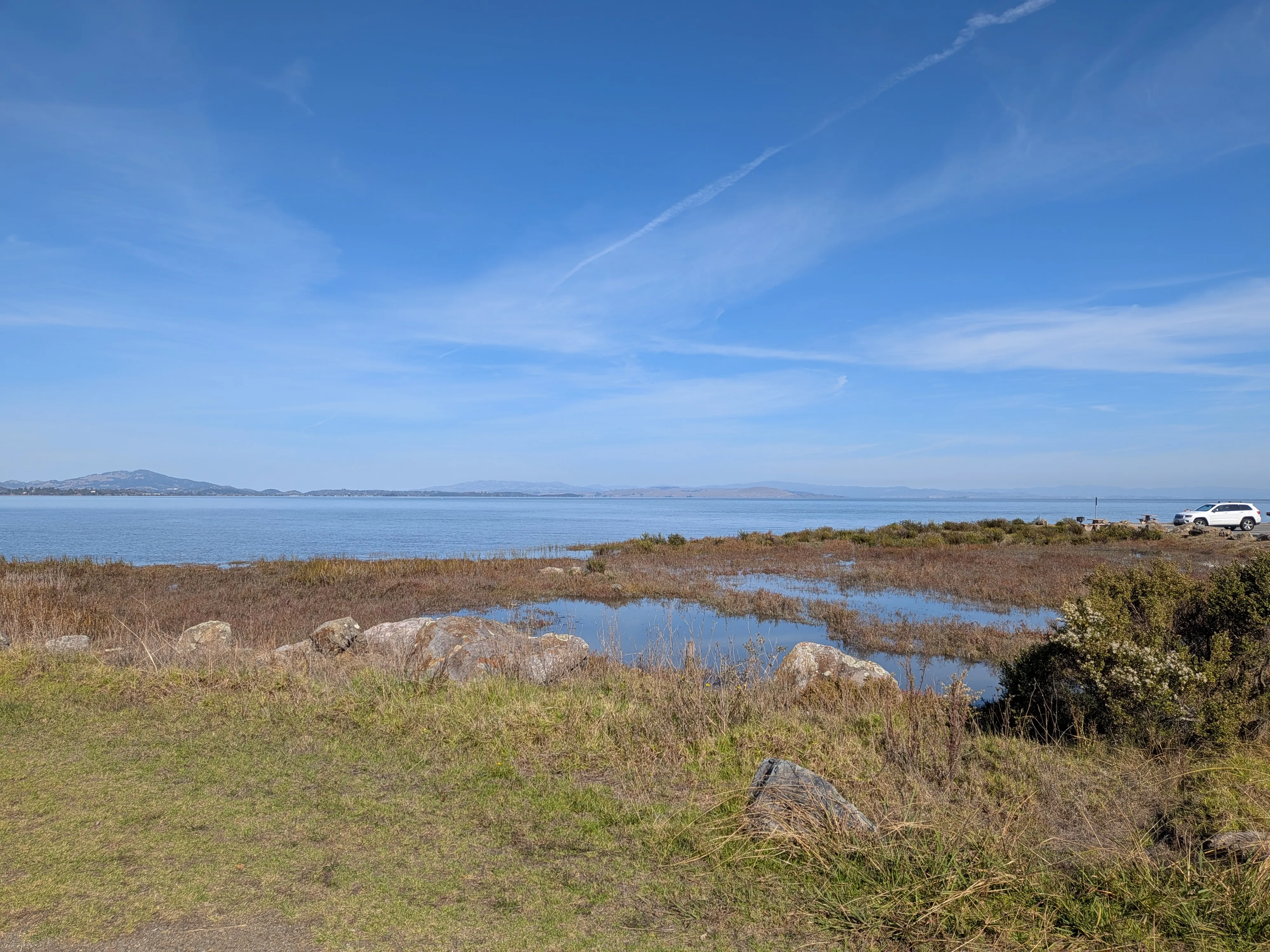 View from the parking spot near the China Camp trailhead, looking out over San Pablo Bay